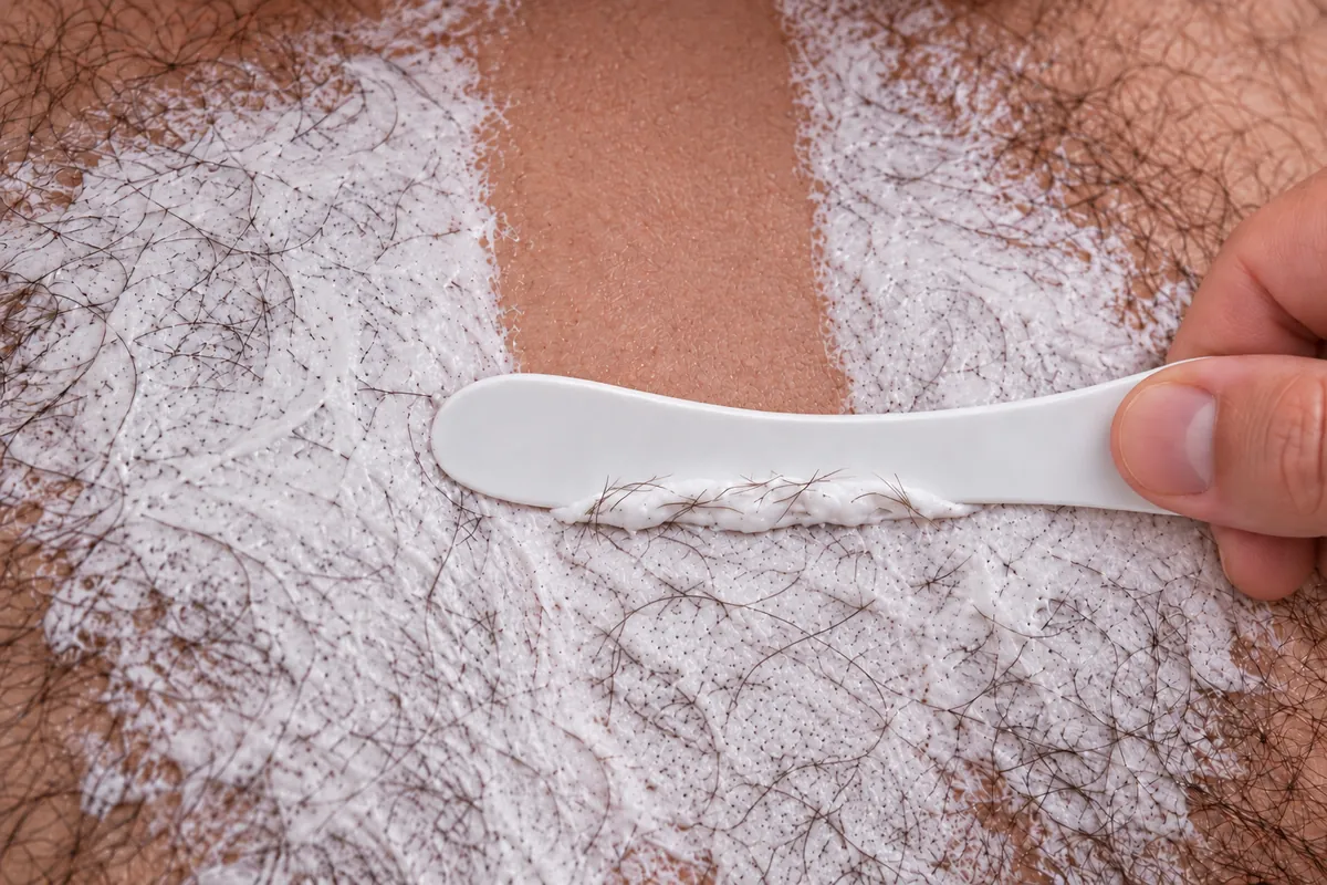 Illustration of the Ilvana scraper held sideways, wiping cream and chest hair away to reveal a clear strip of skin
