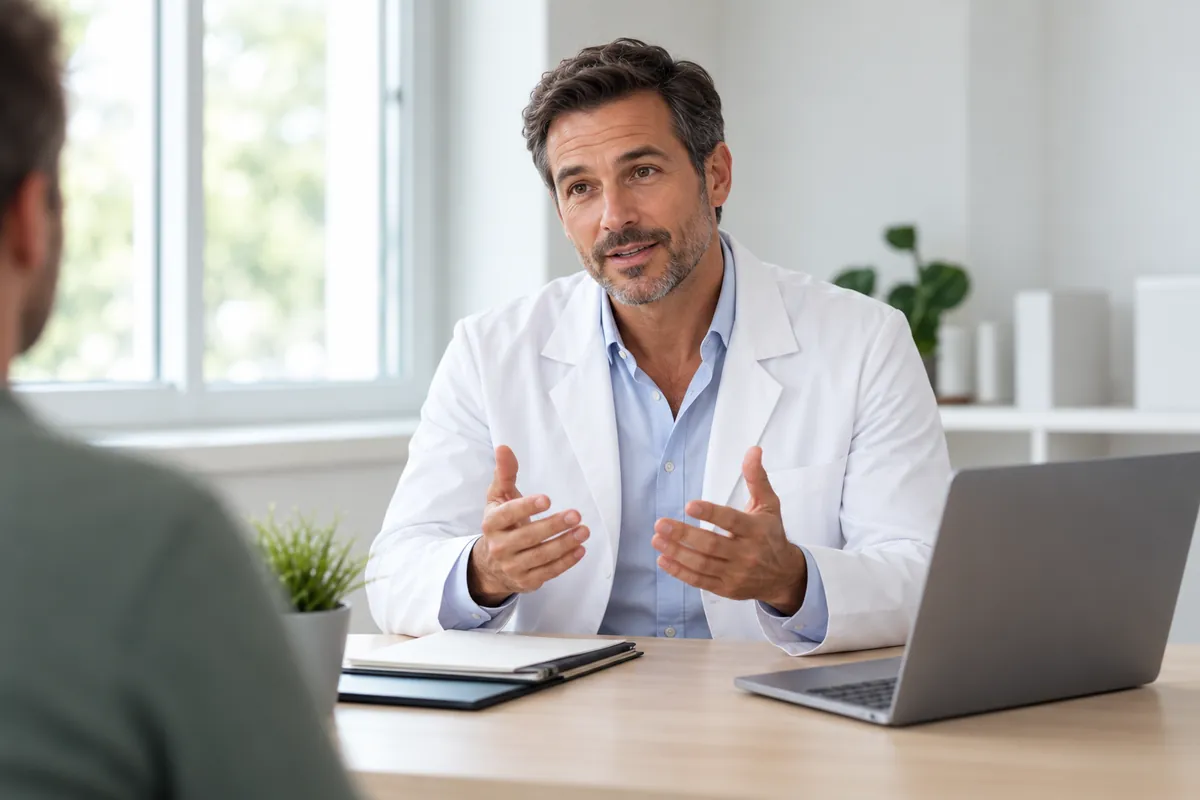 Illustration of a male skin-care expert discussing body grooming during a consultation
