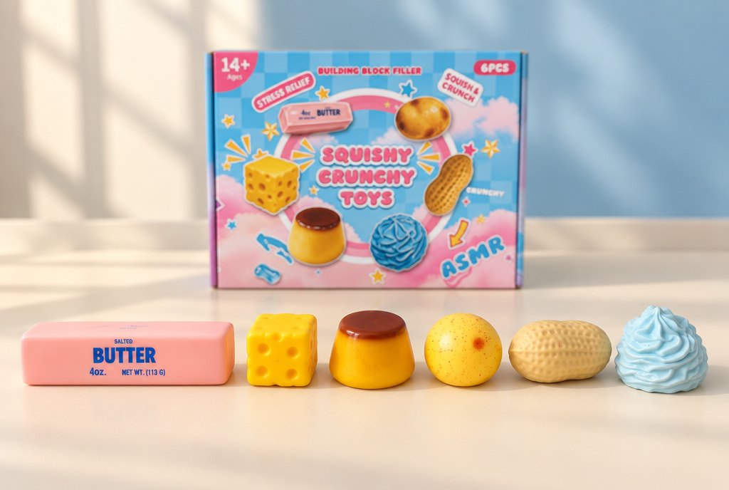 The six CrunchPantry squishies in a row: butter stick, cheese cube, pudding, potato, peanut and cream swirl, with the retail box behind