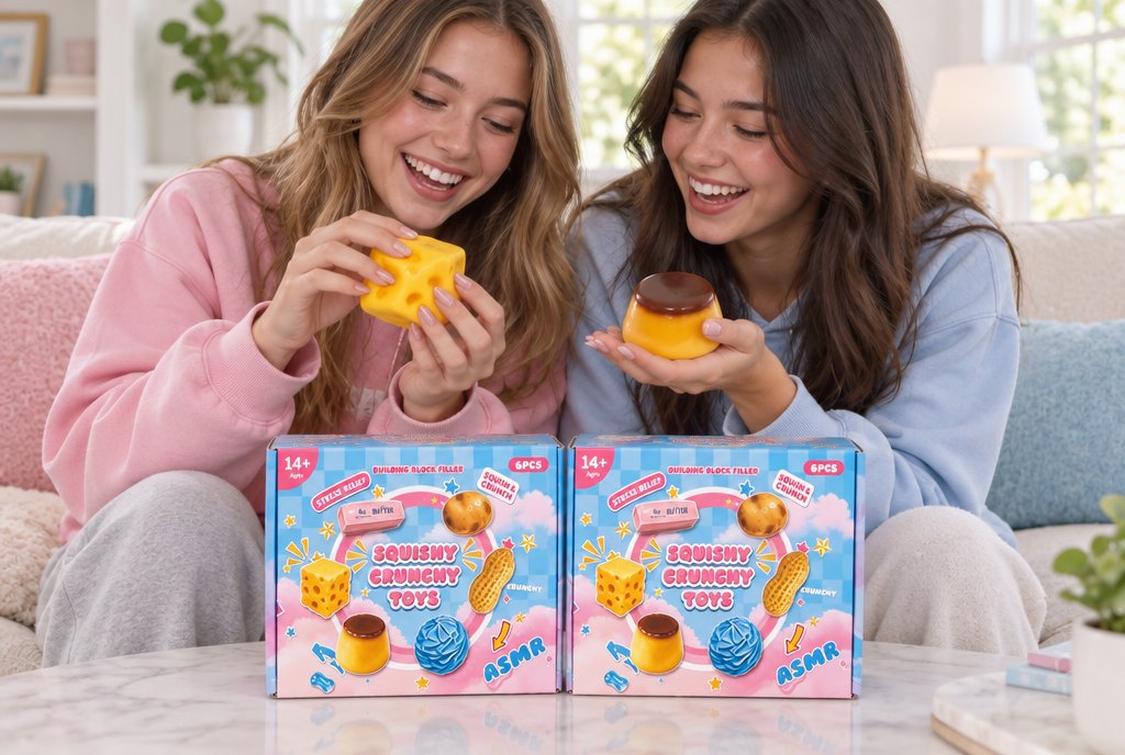 Two teenage friends on a sofa, one squeezing the cheese cube and one holding the pudding, with two boxes on the table