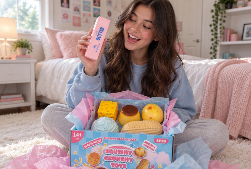 A teenage girl on her bedroom rug holding up the butter squishy from a just-opened box of six
