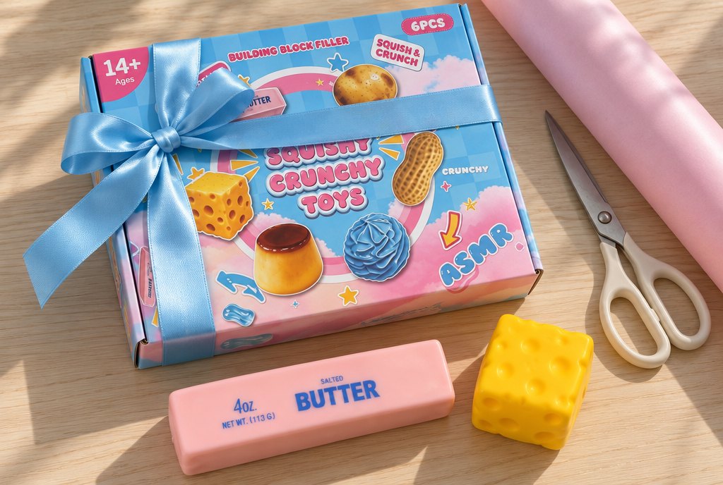 The CrunchPantry retail box tied with a sky-blue ribbon beside wrapping paper, the butter stick and the cheese cube