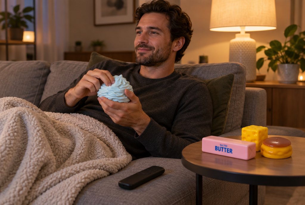A man relaxing on a sofa in the evening, pressing the light blue cream swirl squishy, more pieces on the side table
