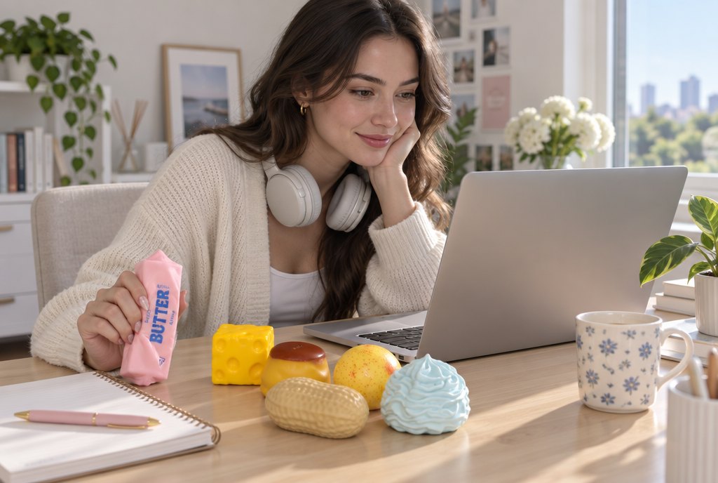 A woman at her home desk squeezing the butter squishy while she works, the other five pieces beside her keyboard