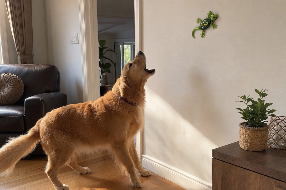 A golden retriever barking up at a gecko toy on the wall
