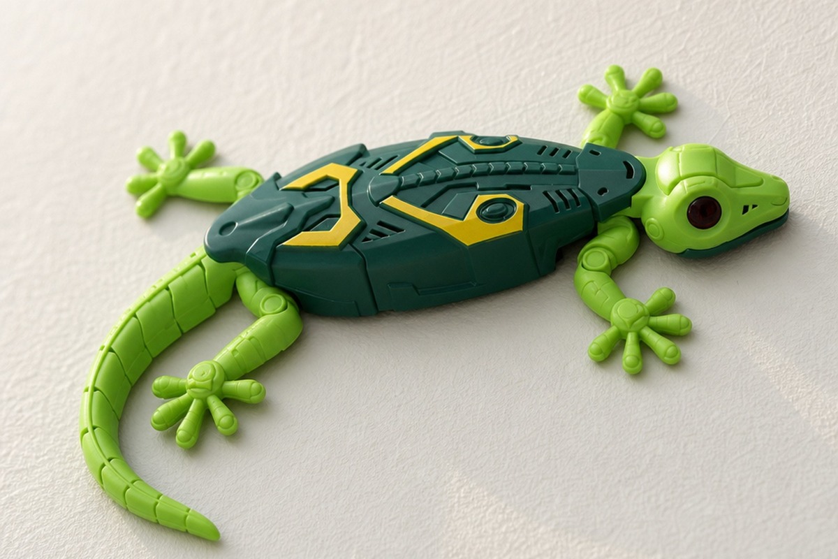 The gecko flat against a smooth painted wall, all four feet on the paint