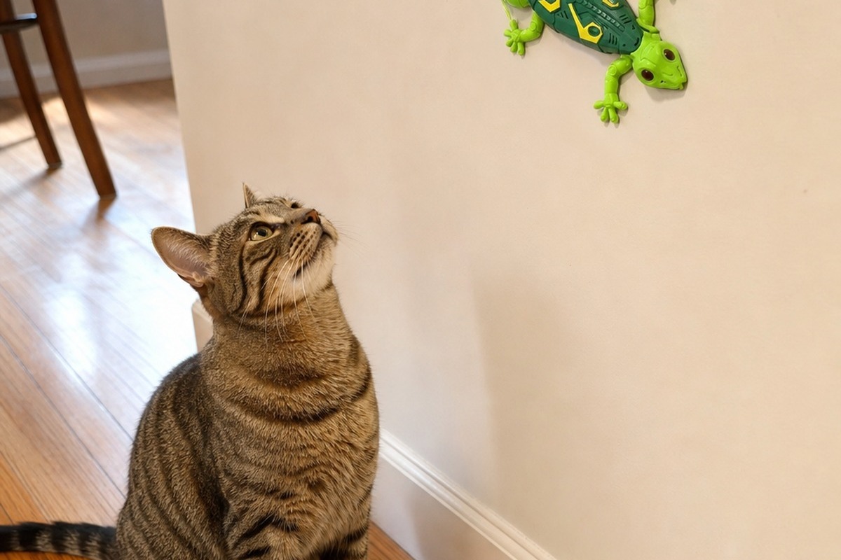 A tabby cat sitting on a wooden floor staring up at a gecko toy on the wall
