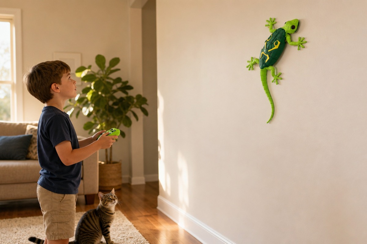 A remote control gecko climbing a living room wall while a boy and a cat watch