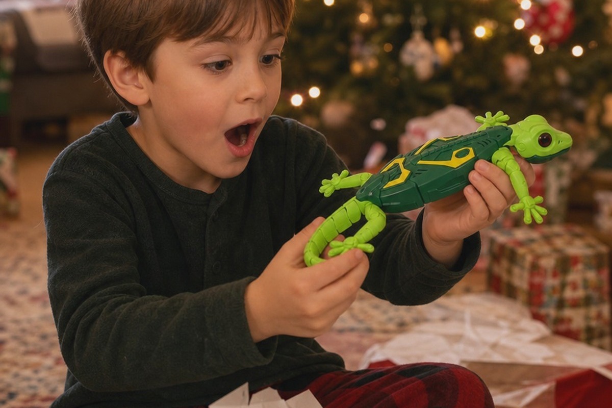 A boy opening a wall climbing gecko toy on Christmas morning