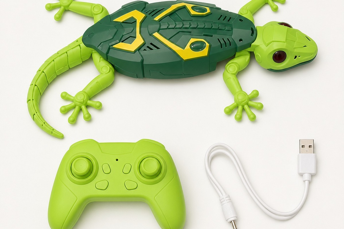 The gecko, remote, USB cable and screwdriver laid out