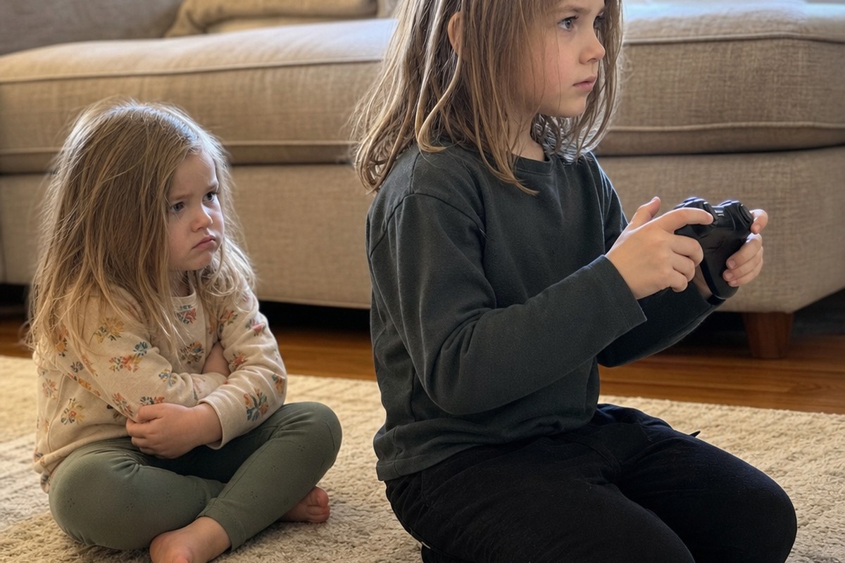 One child playing with a controller while a younger sibling waits