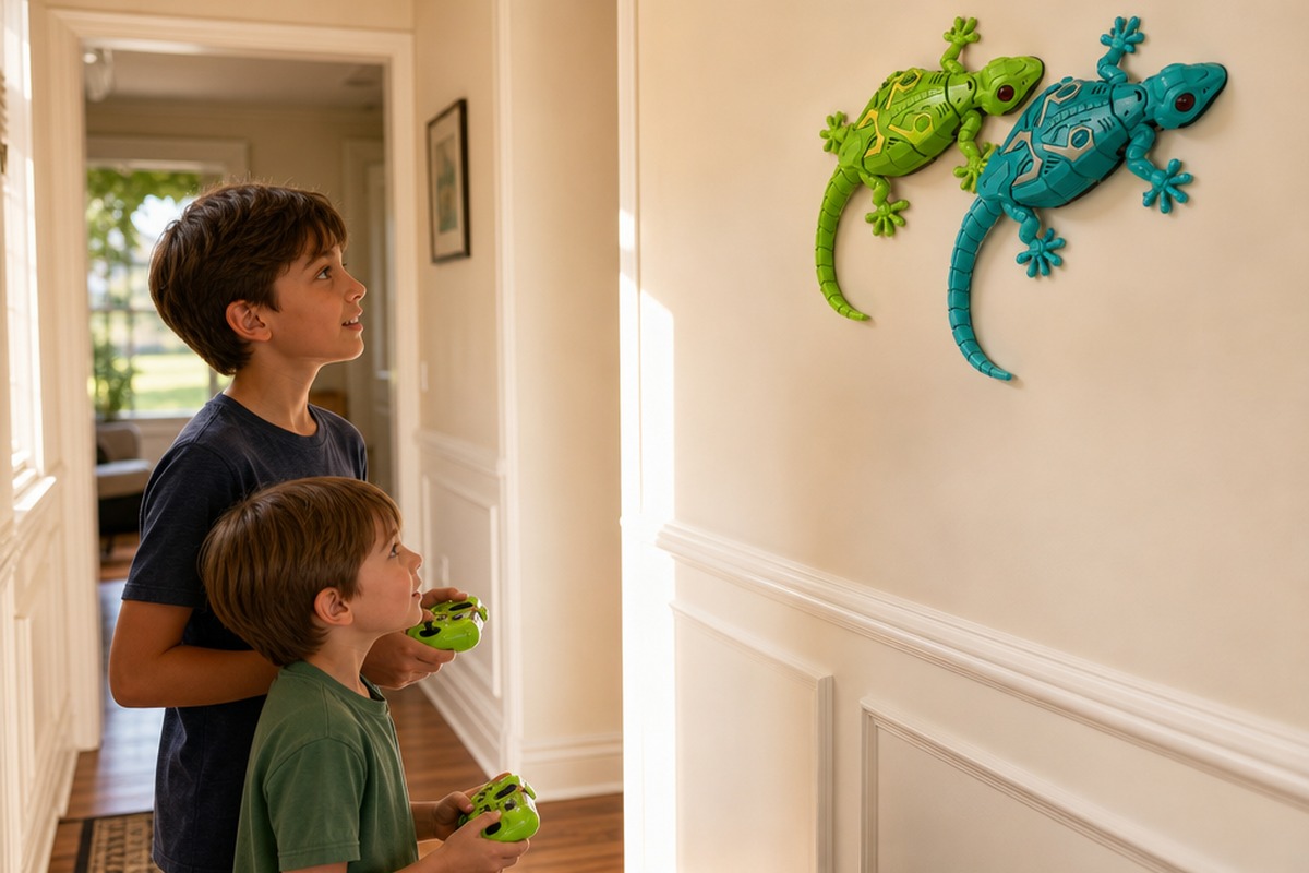 Two children driving two gecko toys up the same wall
