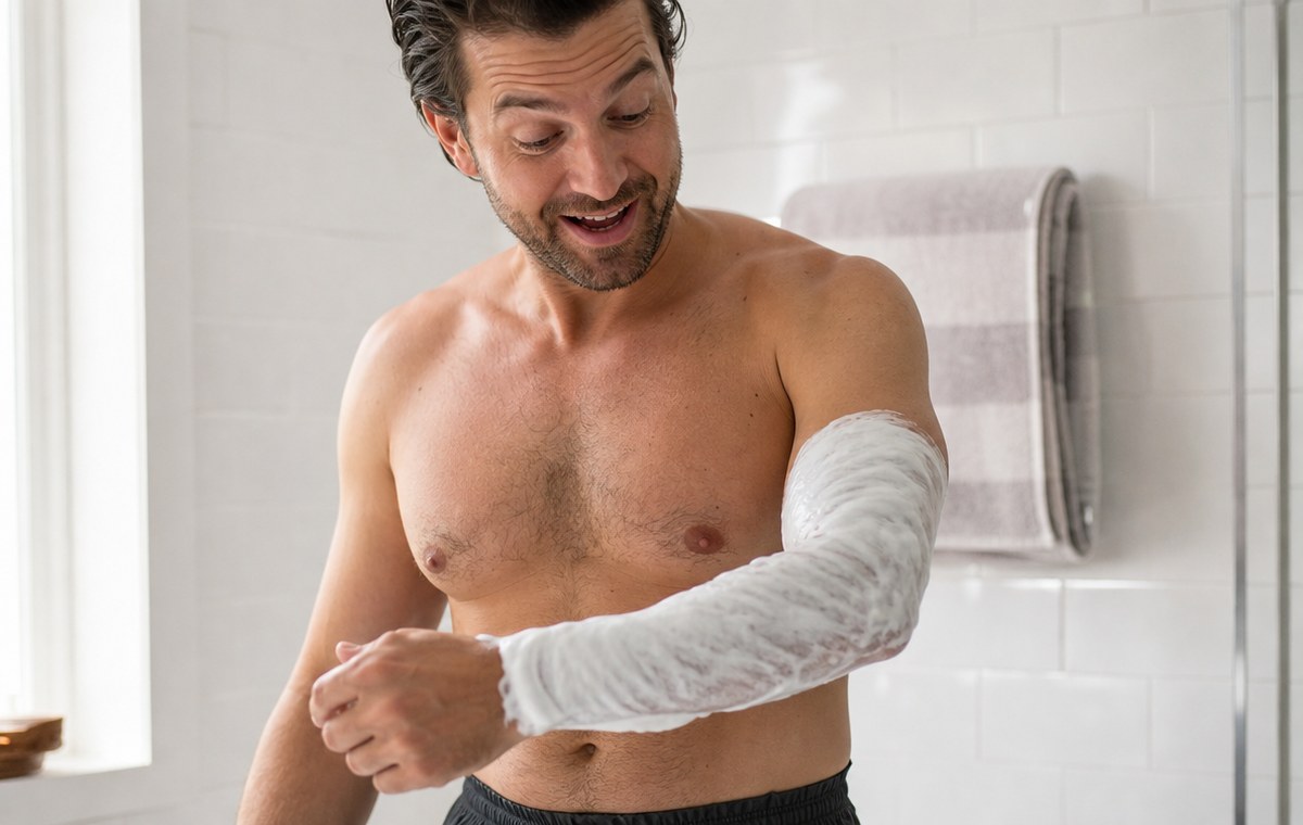 A man in a bright bathroom looking at his forearm