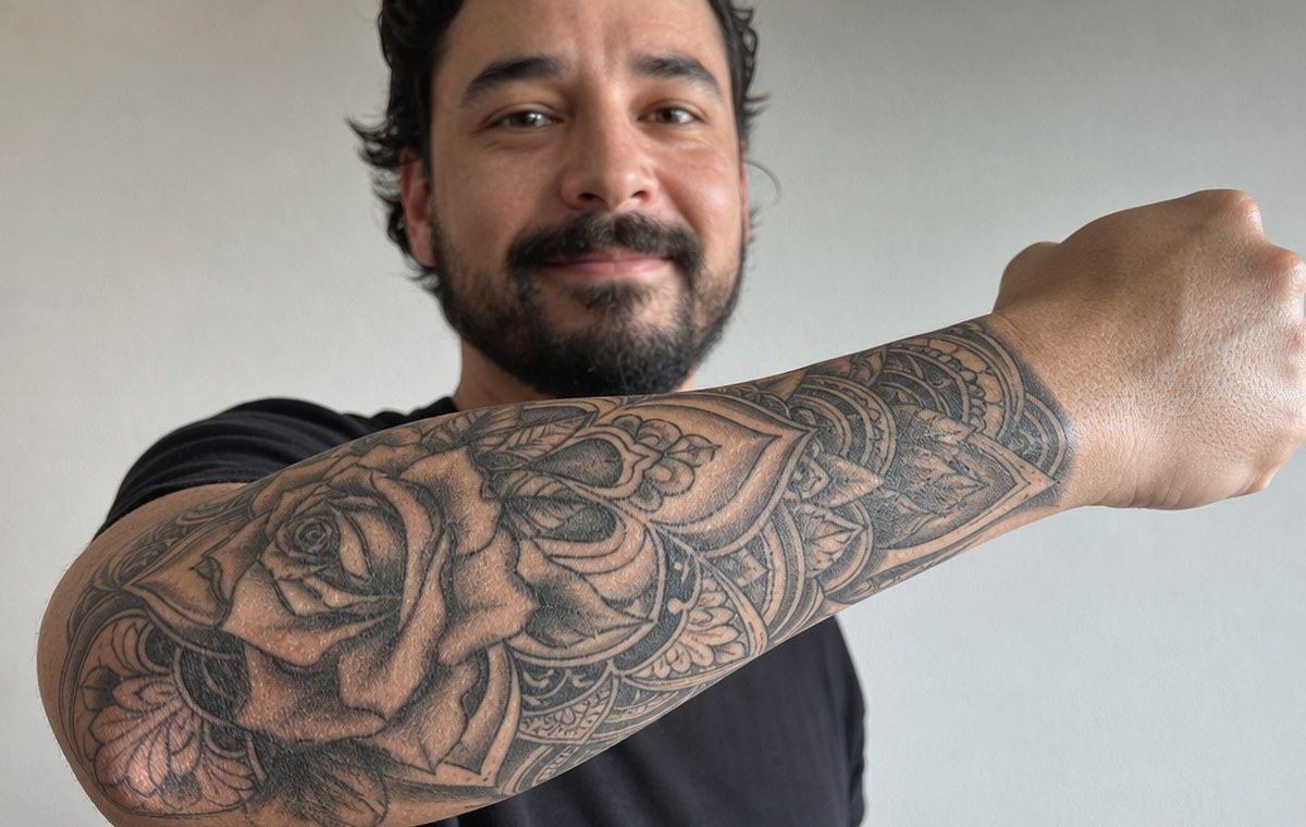 A man holding up a heavily tattooed forearm