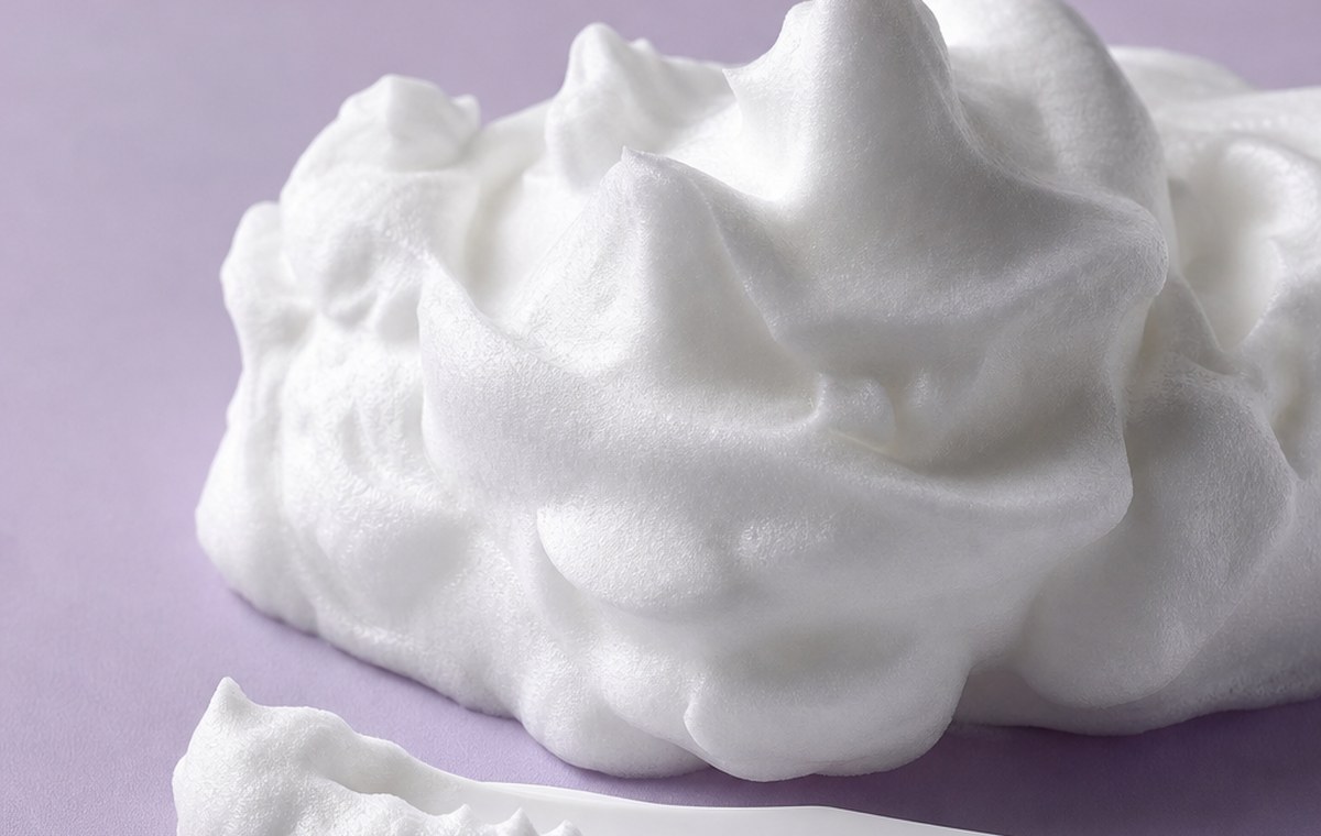 Macro photograph of dense white cosmetic foam