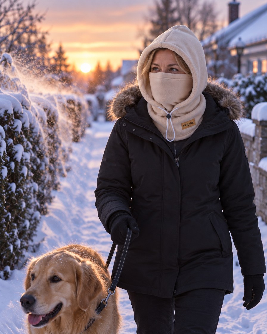 Woman walking her dog in a Kolvik hood