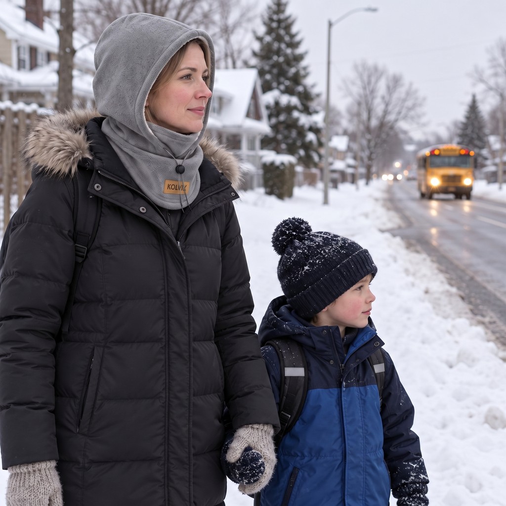 Mother at the school bus stop