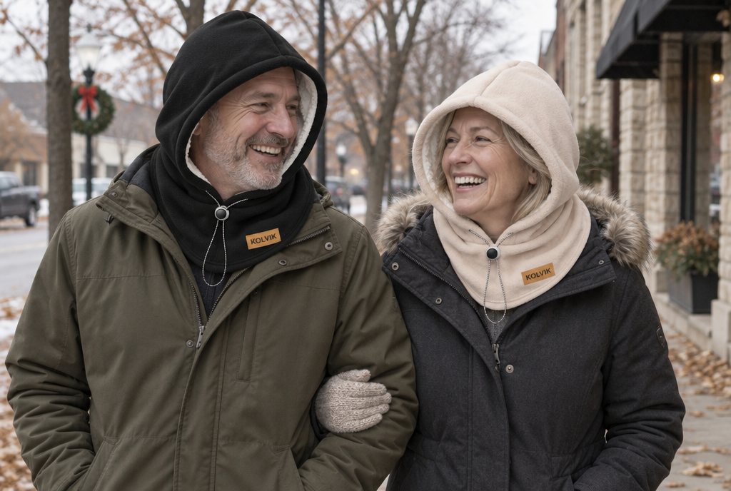 A couple walking down a small-town street on a cold morning, wearing a black hood and a beige hood with the face panels down