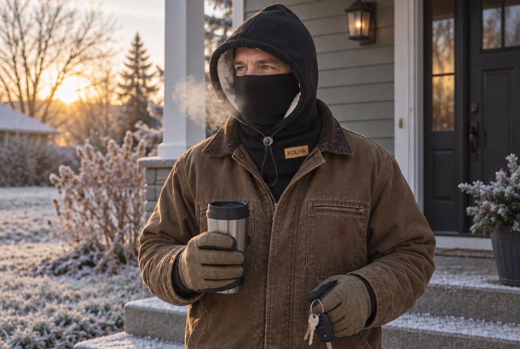 A man stepping onto a frosty porch at sunrise wearing a black Kolvik Sherpa Hood with the face panel up