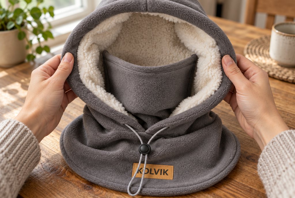 Two hands holding open a dark gray Kolvik hood to show the cream sherpa lining inside