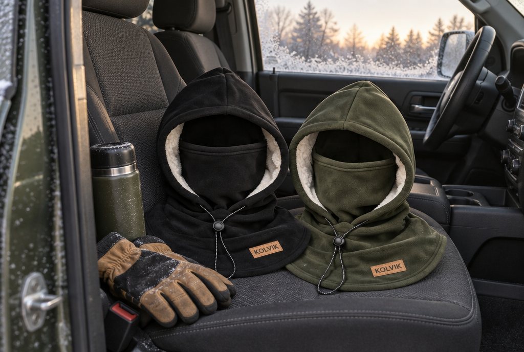 A black hood and an olive hood lying side by side on the seat of a pickup truck next to work gloves and a thermos