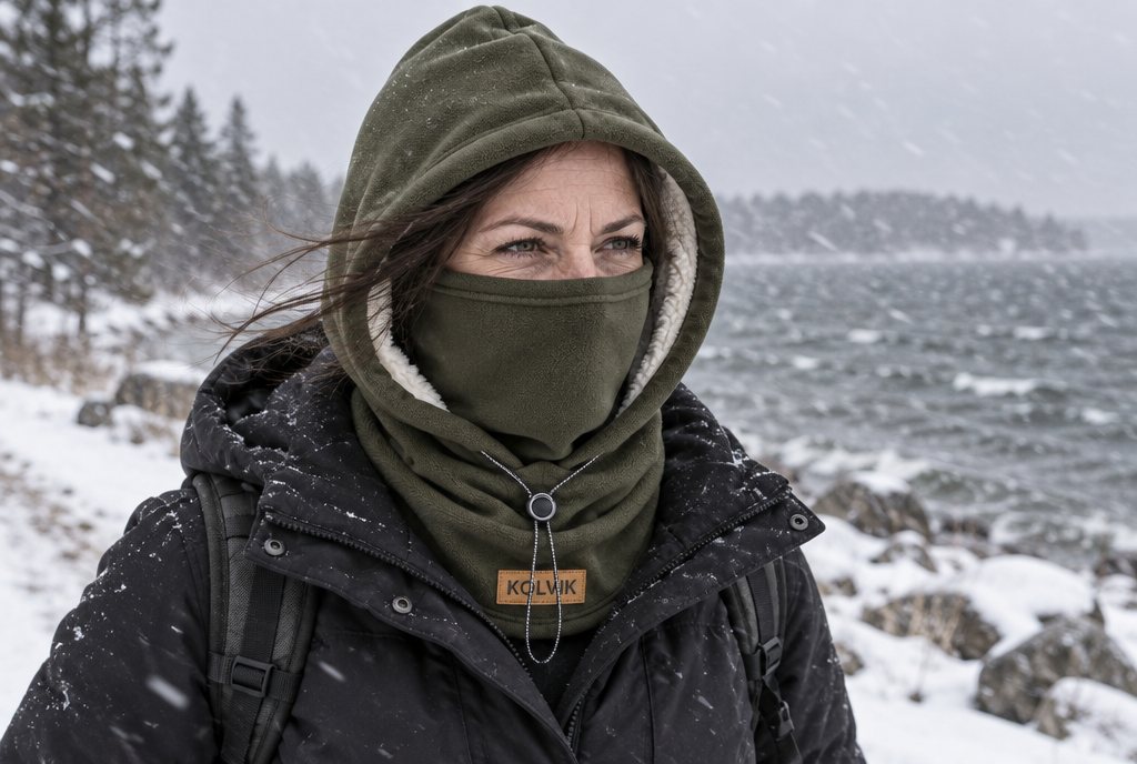 A woman walking along a windy lakeshore in falling snow wearing an olive Kolvik Sherpa Hood with the face panel up