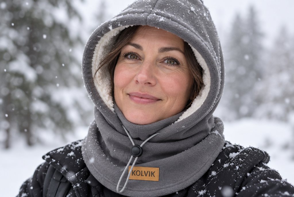 Close-up of a woman in falling snow wearing a dark gray Kolvik hood, the cream sherpa lining framing her face