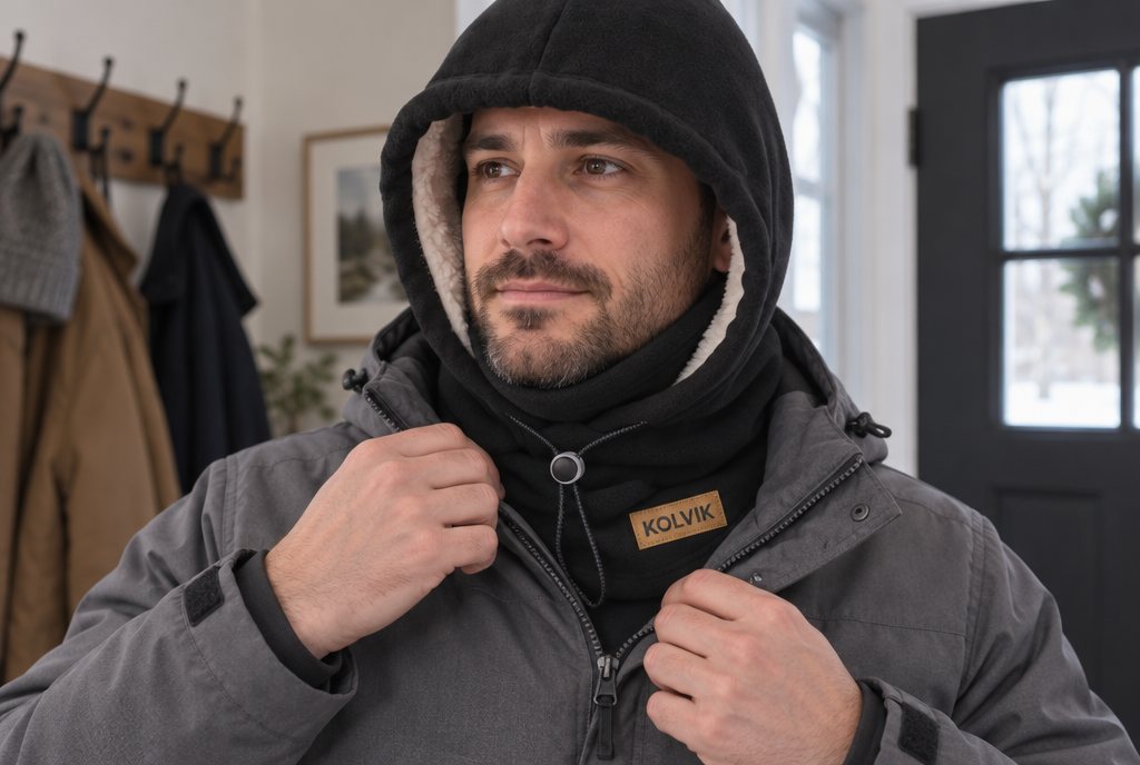 A man zipping his jacket over the long neck cape of a black Kolvik hood so his neck is fully covered