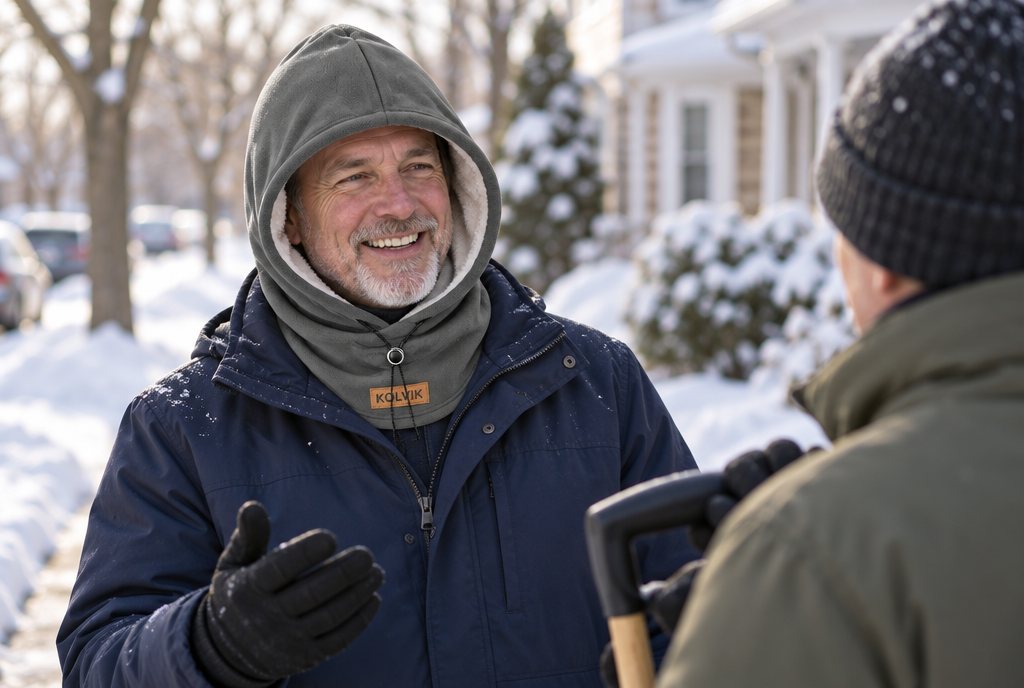 A man on a snowy sidewalk talking to a neighbor with his dark gray Kolvik hood up and the face panel pulled down under his chin