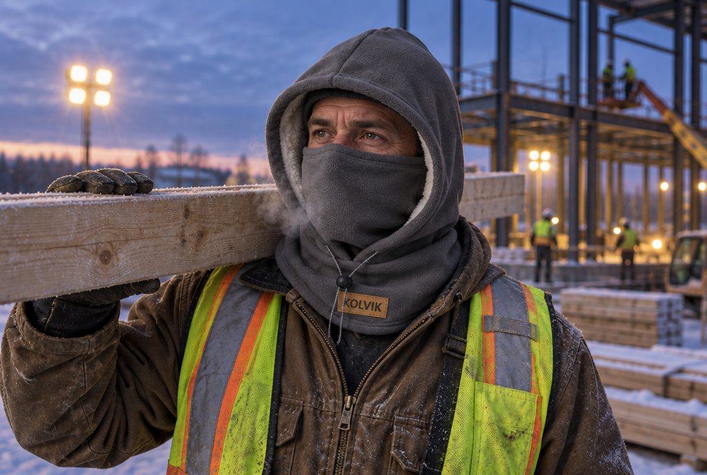 A carpenter carrying lumber across a job site before sunrise, wearing a dark gray Kolvik Sherpa Hood with the face panel up