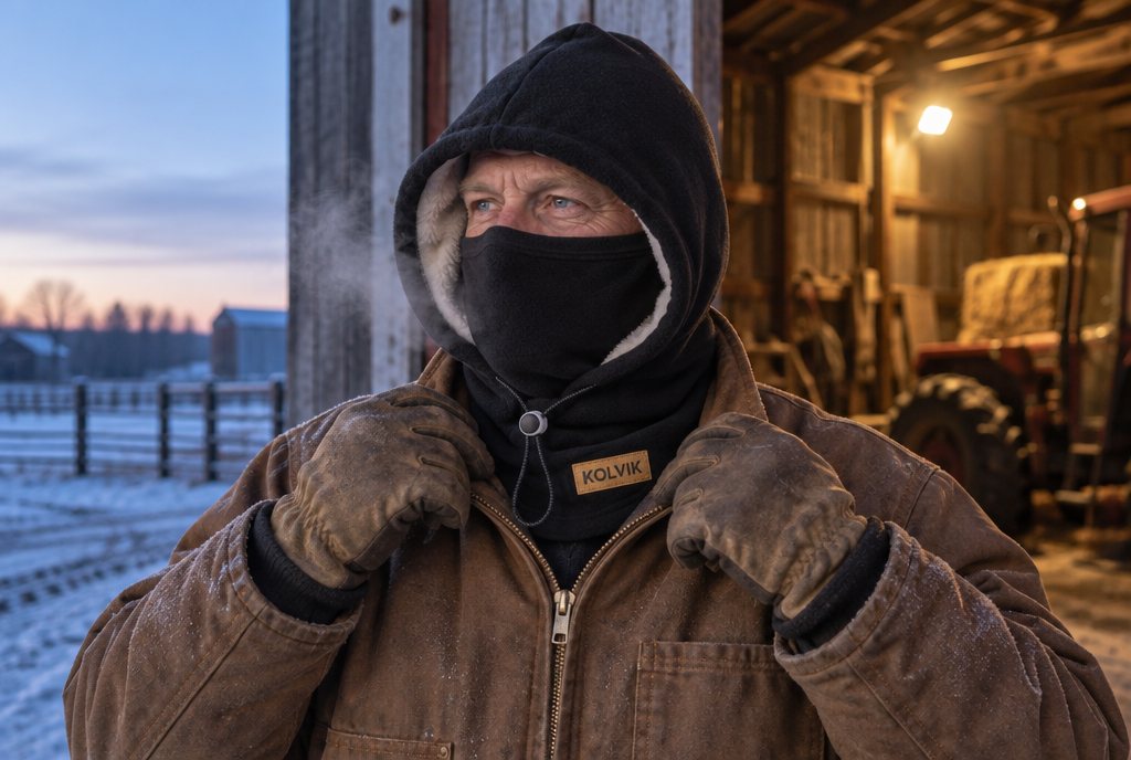 A farmer at a barn door before sunrise tucking the neck cape of a black Kolvik hood into the collar of his work coat