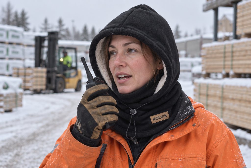 A woman at a snowy supply yard talking into a two-way radio with her black Kolvik hood up and the face panel pulled down