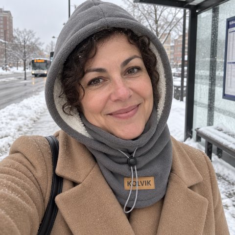 Andrea L. at a snowy bus stop wearing her dark gray Kolvik hood