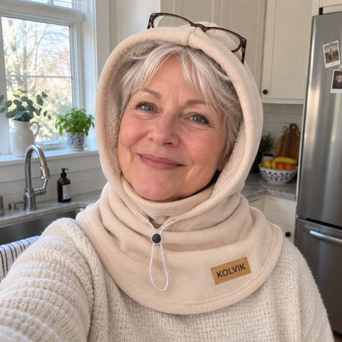 Brenda S. in her kitchen wearing her beige Kolvik hood