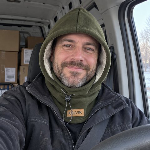 Darnell J. in his delivery van wearing his olive Kolvik hood