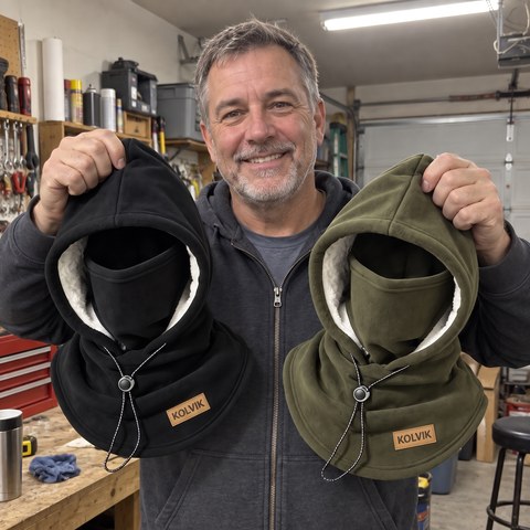 Ray T. holding up his two Kolvik hoods, one black and one olive