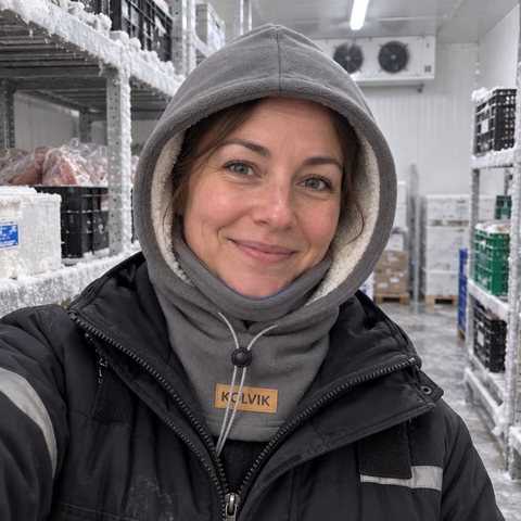 Shawna B. in a cold storage room wearing her dark gray Kolvik hood