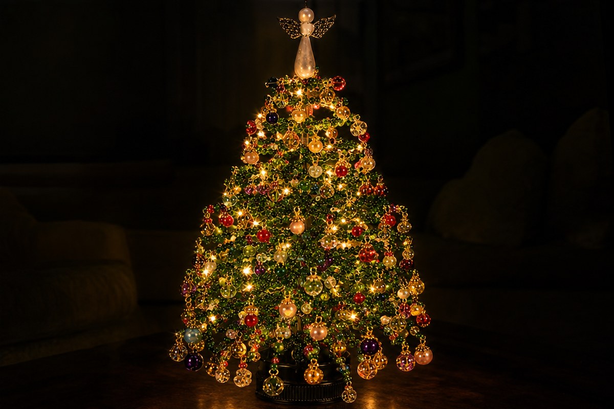 MerryBeads tree glowing in a dark room