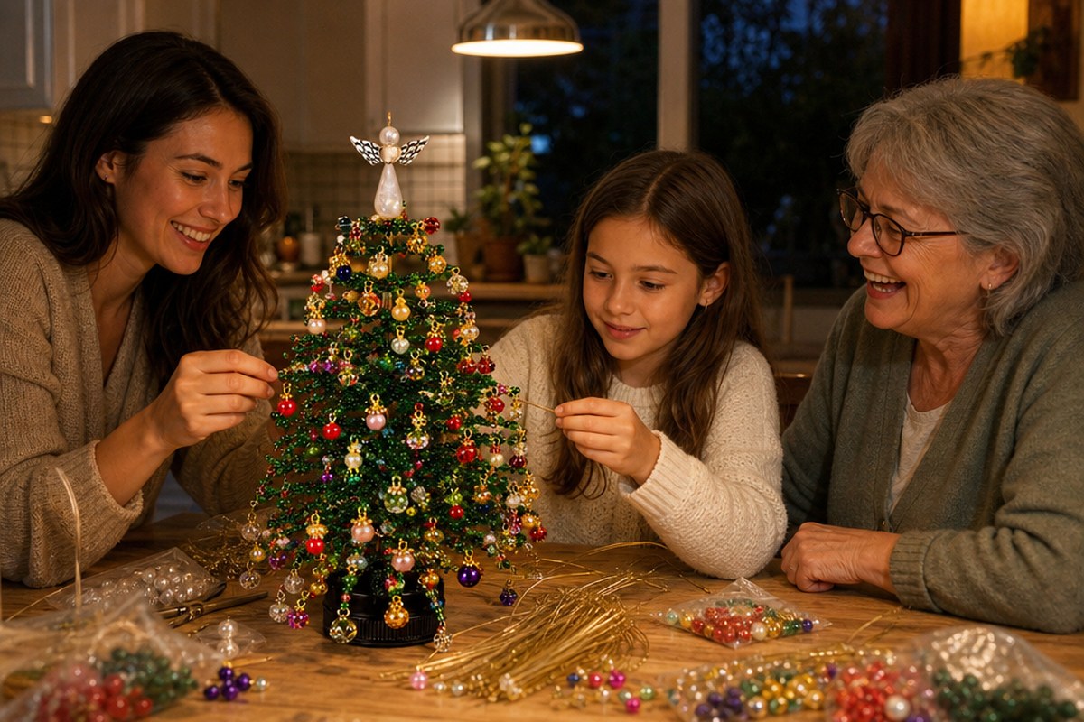 Family building a MerryBeads tree together