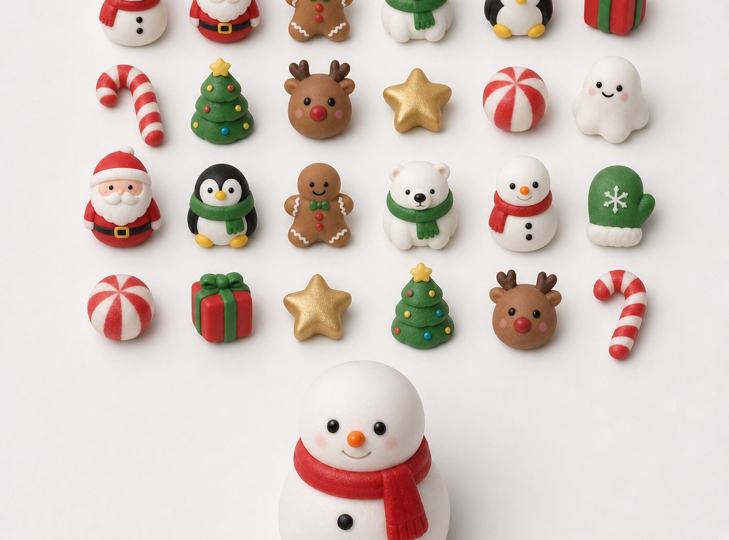 All twenty-four Christmas squishies laid out in a grid with a jumbo one below