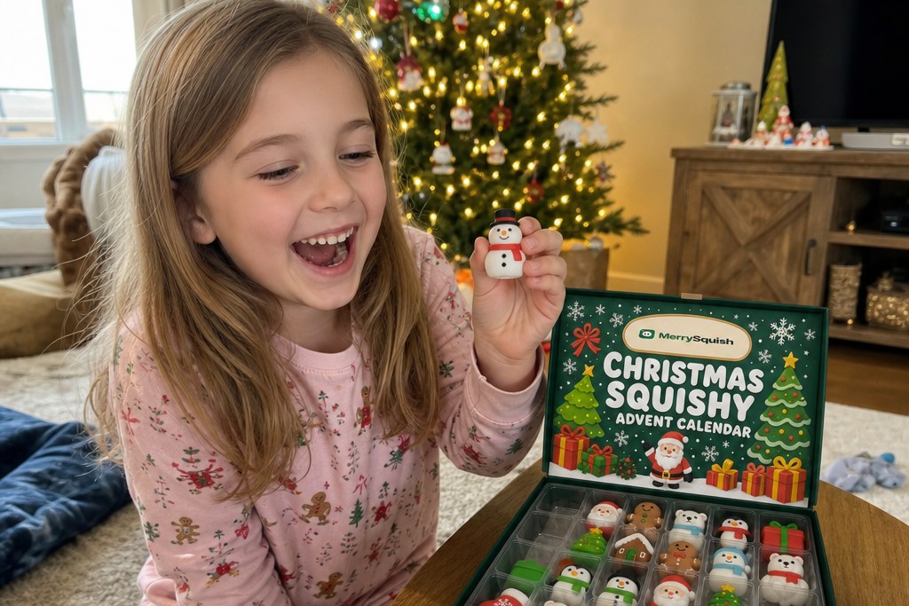 A child holding up a small squishy toy beside an open advent calendar