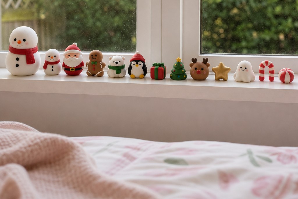 Small squishy toys lined up along a child bedroom windowsill