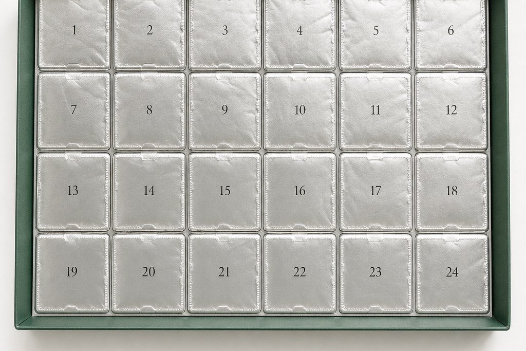 An advent calendar tray with all twenty-four cells still sealed under foil