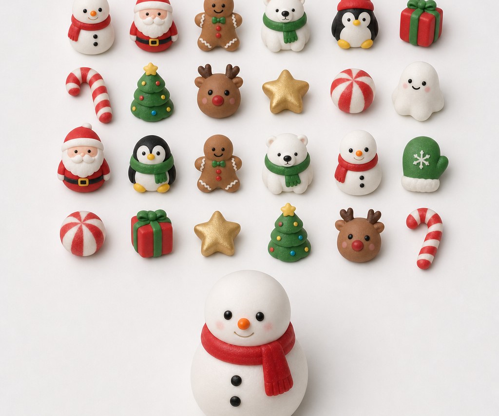 All twenty-four Christmas squishies in a grid with a jumbo one below