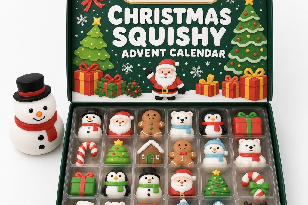 An open squishy advent calendar with all twenty-four cells filled