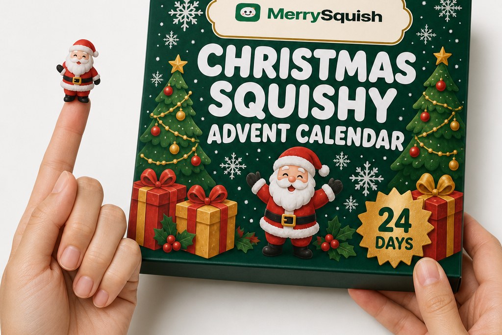 The advent calendar box held in one hand with a small squishy on a fingertip