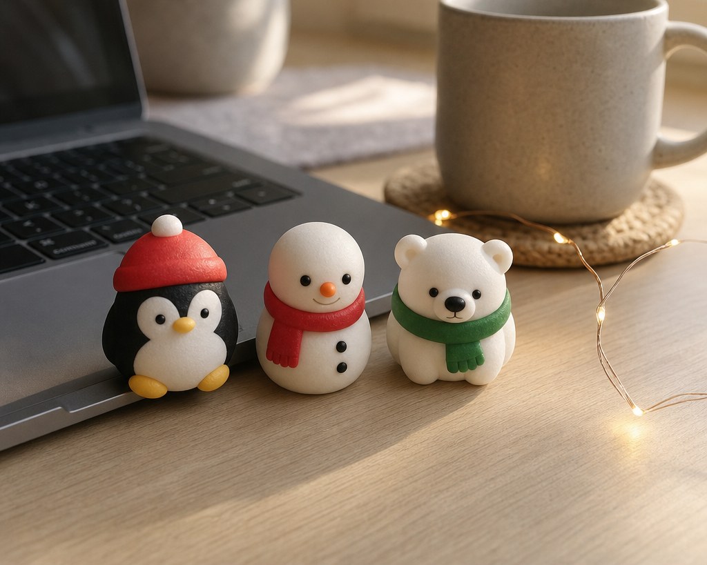Three small squishy toys sitting along the front edge of a keyboard