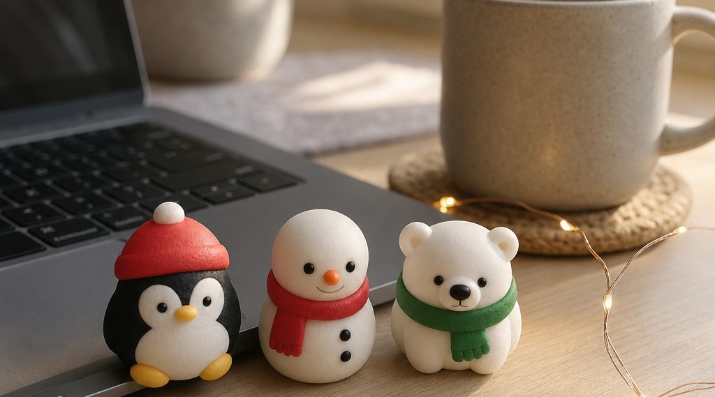 Small squishy toys lined up along the front edge of a keyboard