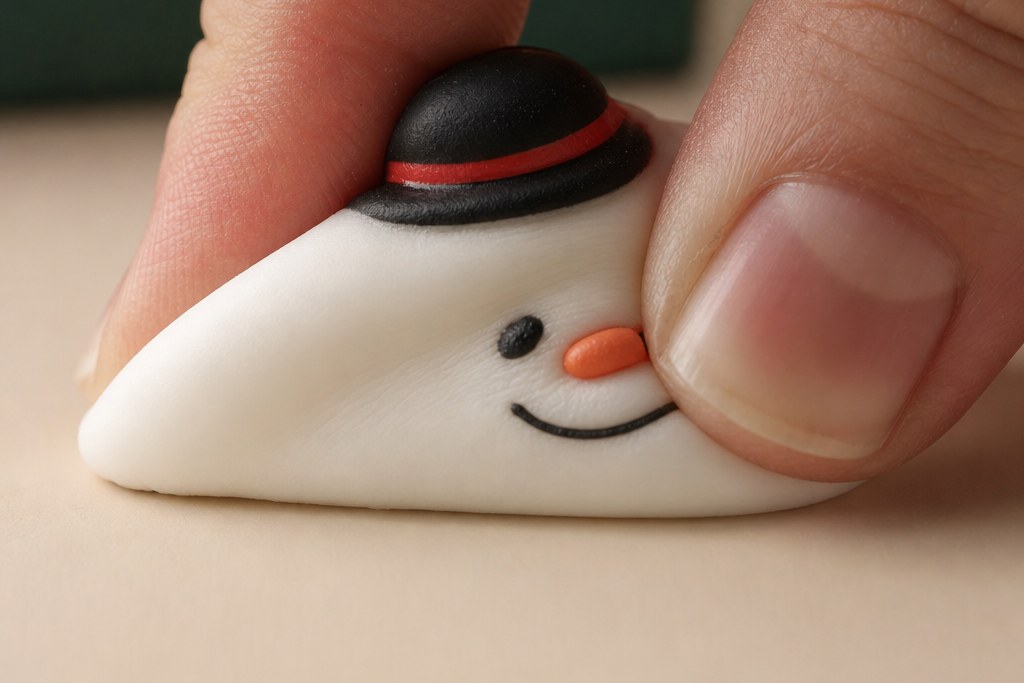 A small squishy toy squashed flat between a thumb and forefinger