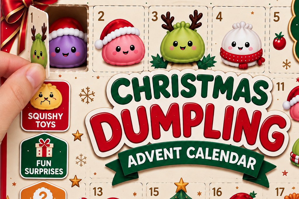 One door of the MerrySquish calendar pushed open, a purple dumpling squishy in a Santa hat sitting in the cell behind it